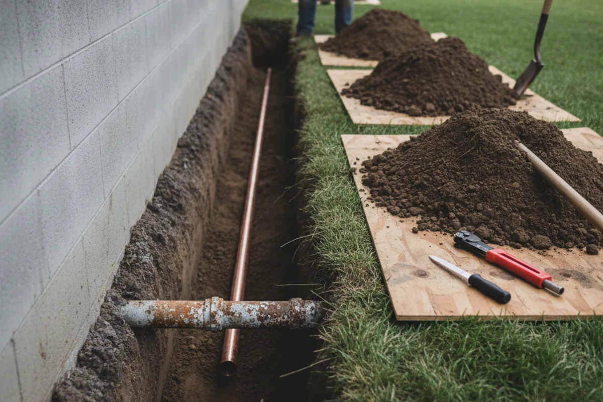Excavated water line trench during Water Softener Installation in Jenner